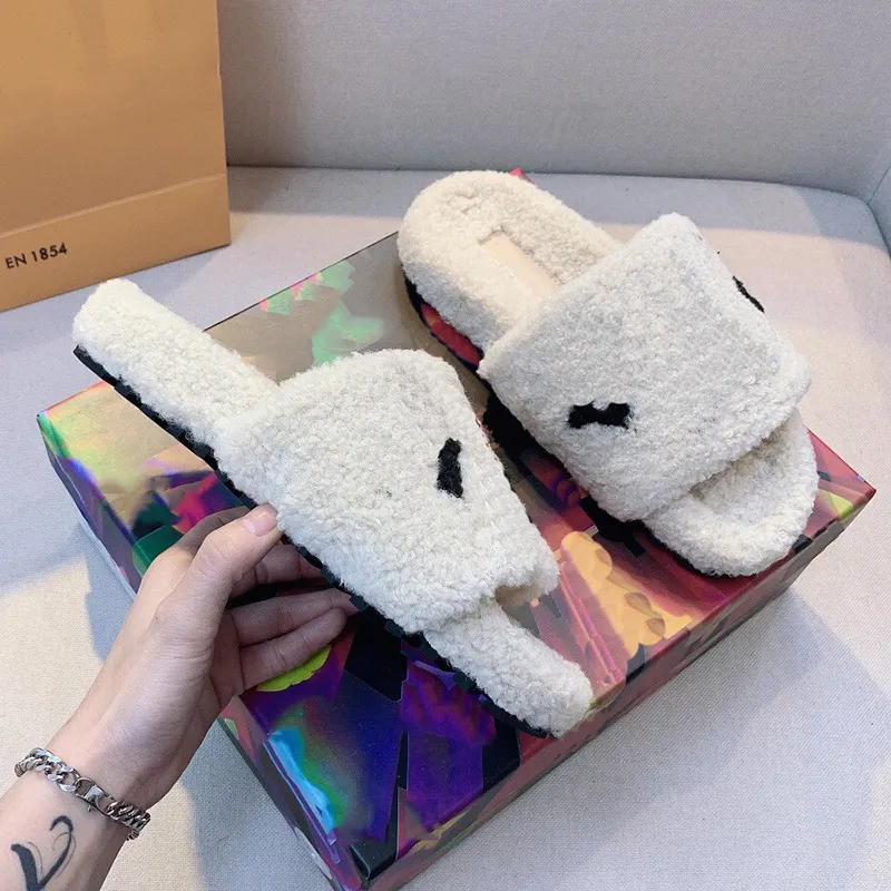 Paris Designer Marque L Lambswool Pantoufle Vieilles Fleurs Femmes Fourrure Laine Peluche Sliders Sandales En Peau D'agneau Pantoufles À Talons Plats Mocassins De Luxe Designers Chaussures