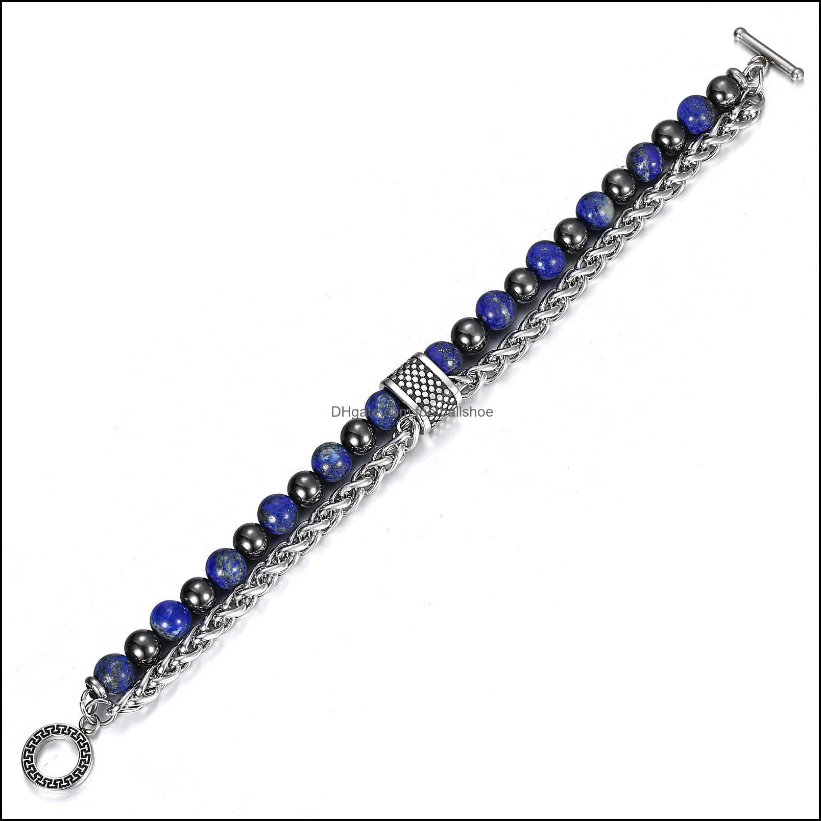 8MM Double Layers Stone Beaded Bracelet for Men Boys Lapis Lazuli Hemitate Metal Lava Stone Stainless Steel Cable Chain TBX00109 Y1125