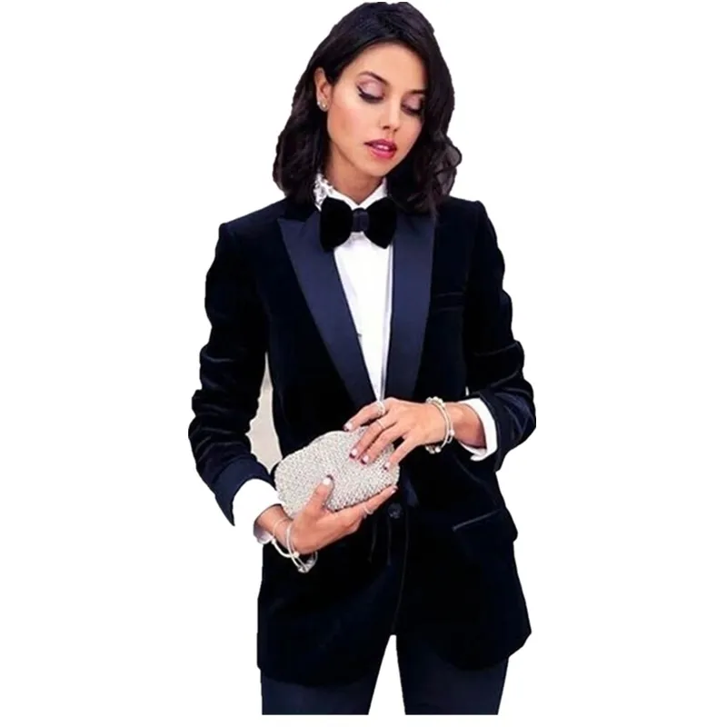 Traje De Mujer De Terciopelo Azul Marino Mujer De Negocios Trajes