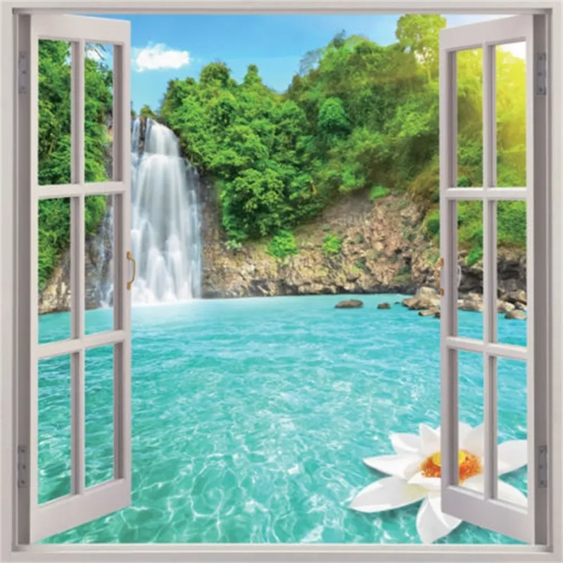 Free Shipping Waterfall 3D Window View Removable Wall Art Sticker Vinyl Decal Home Decor Mural 210308