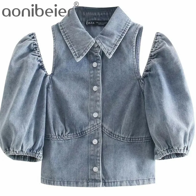 Chemises en denim Mode d'été Hors épaule Puff manches Turn Down Col Slim Femmes Blouses Femme Crop Tops 210604