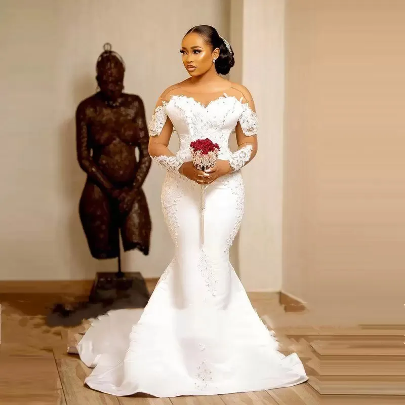 Aso Ebi Meerjungfrau Brautkleider mit transparentem Ausschnitt, Illusion, langen Ärmeln, Brautkleid, Spitzenapplikationen, Perlen, Vestido de Noiva, sexy rückenfreie afrikanische Brautkleider M442