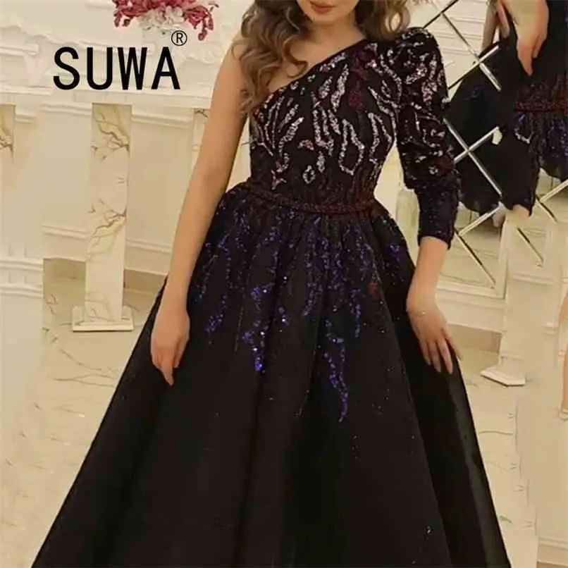 Tudo preto um ombro manga comprida mulheres vestidos primavera verão noite festa e casamento robe elegante um vestido midi 210525