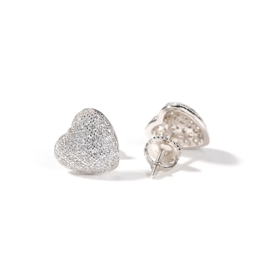 ピアス Luxury Street Wear ICE Silver 925 earrings heart unisexual Hip Hop Stud Earrings For Men Fashionable Gold And Simulated