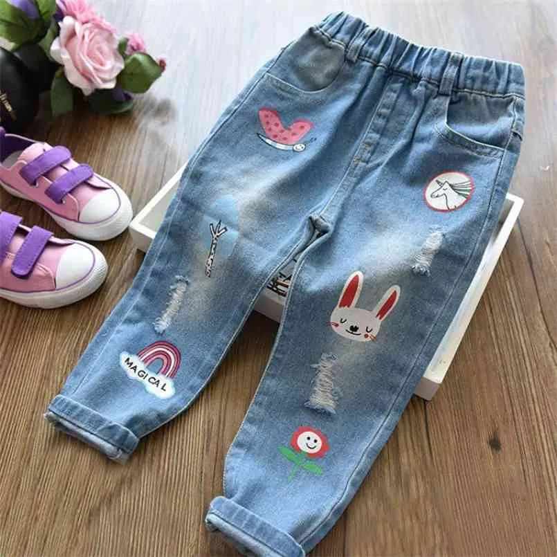 Frühling und Sommer Herbst Baby/Kleinkind Mädchen Entzückende Jeans mit Cartoon-Dekor für Kinder 210528
