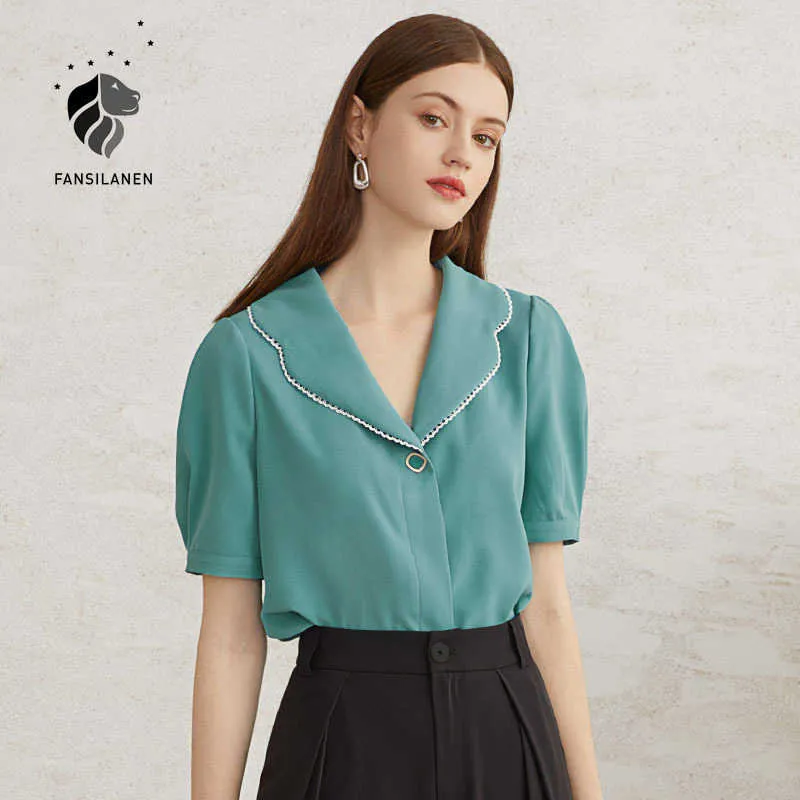 FANSILANEN Vintage puff sleeve green chiffon blouse shirt Women elegant white summer button up Female casual short top 210607
