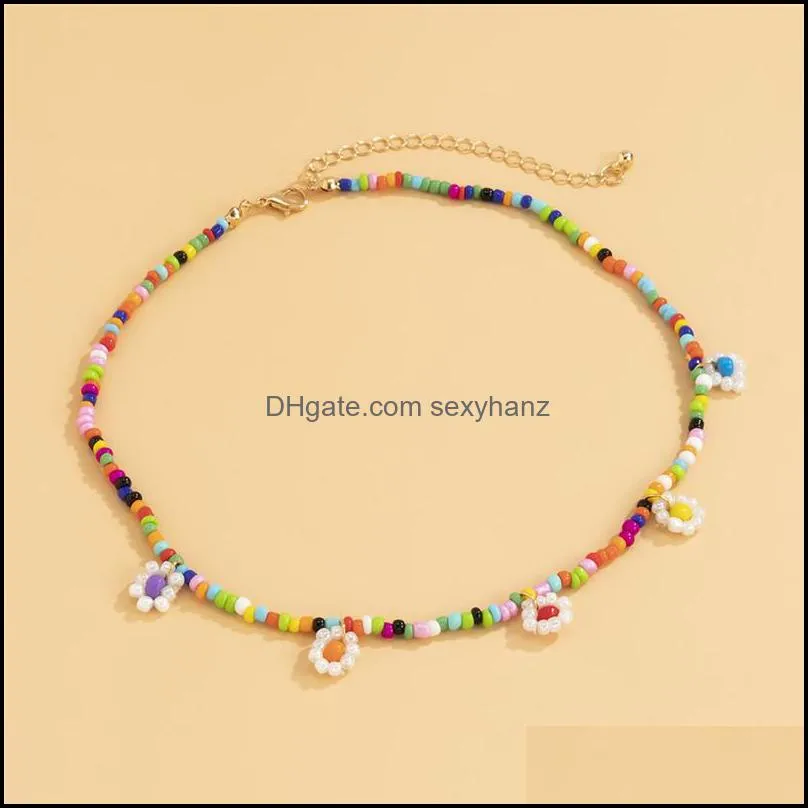 European Daisy Flower Mixed Beaded Necklaces Bohemian Single Woven Colorful Clavicle Chain Women Vacation Summer Party Dress Necklace Jewelry