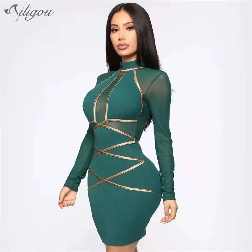 Sommar och kvinnors bandage Sexig mesh långärmad perspektiv Tight-passande Mini Vestidos Party Dress 210525