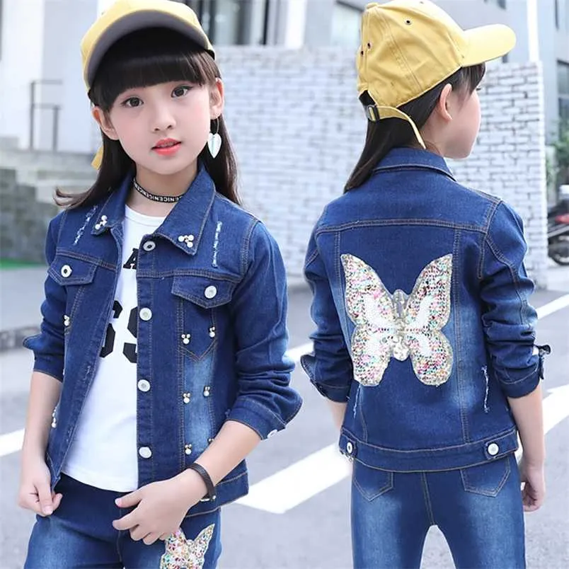 Vogueon Girls Denim Jacket Cardigan Coat Kids Jeans Outwear Butterfly Broderi Sequins Barnkläder Vårkläder 211011