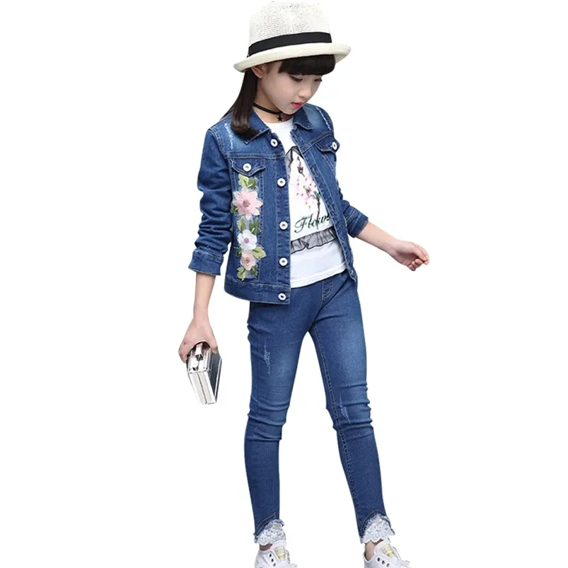 Abbigliamento per bambini Floreale Abbigliamento per ragazze adolescenti Giacca di jeans + Jeans Set Tute per bambini stile casual 210527