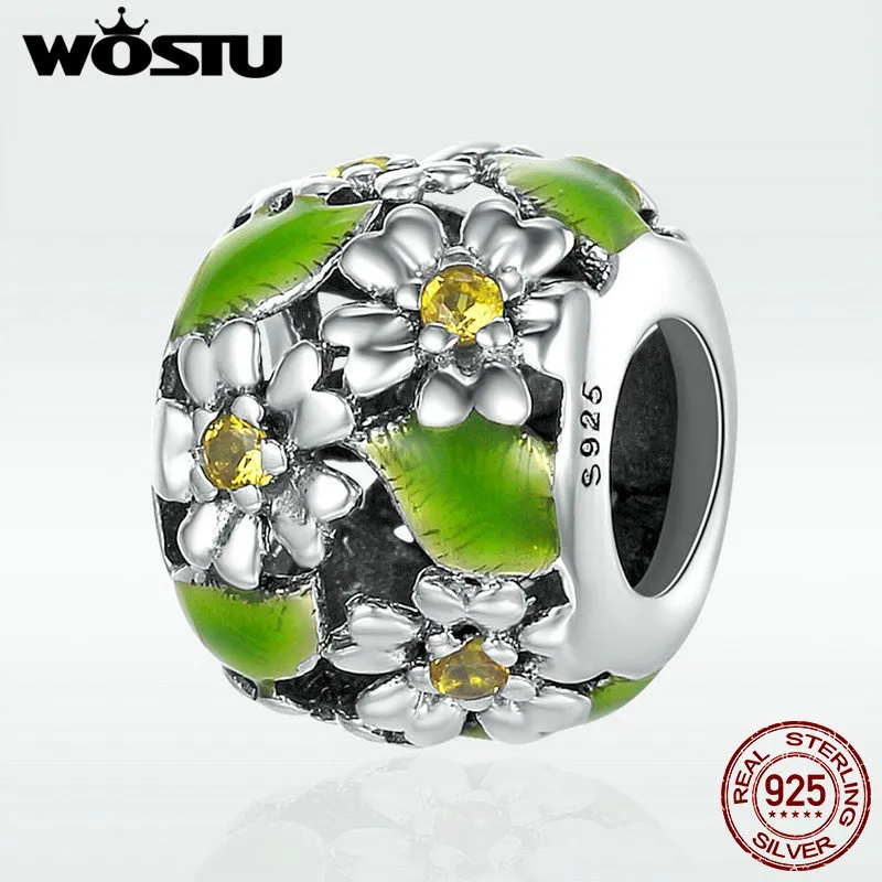 WOSTU New Arrival 925 Sterling Silver Daisy Flower Leaves Charm Beads fit Charm Bracelet DIY Jewelry Making DXC490 Q0531