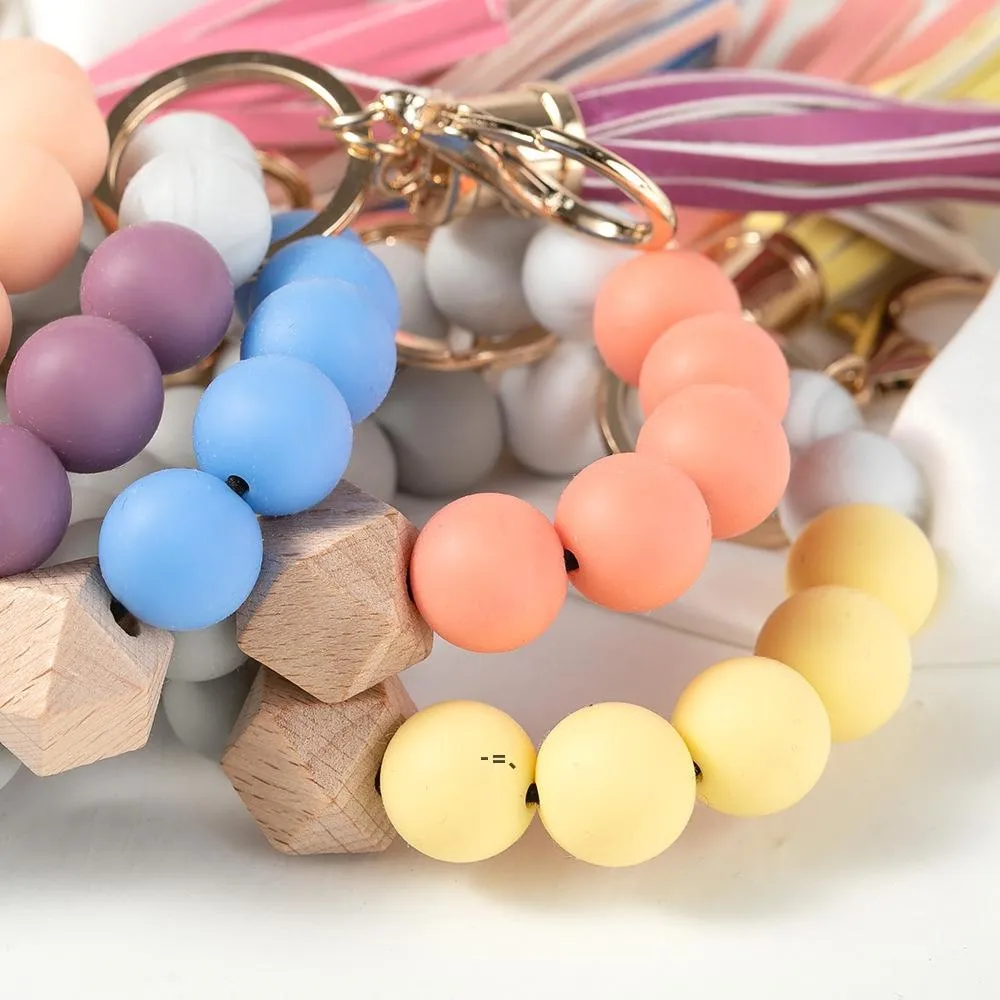 NEWSilicone Beaded Bangle Keychain with Tassel for Women Party Favor, Wristlet Key Ring Bracelet RRD12095