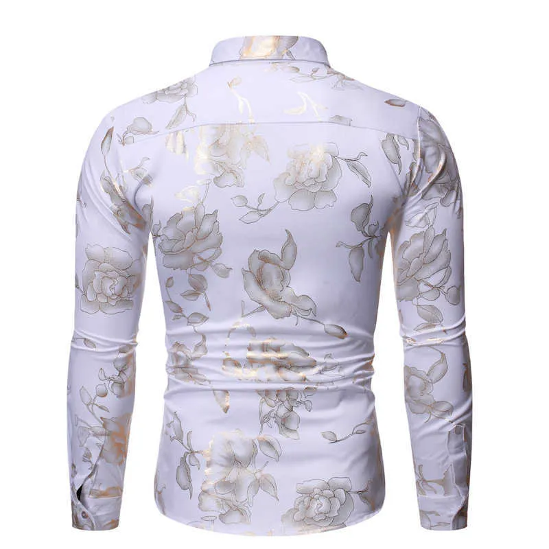 slim fit dress slacks Mens Shiny Gold Rose Printed Dress Shirts Luxury Disco Nightclub Long –  ETERNAL CONCEPT LLC main image 0