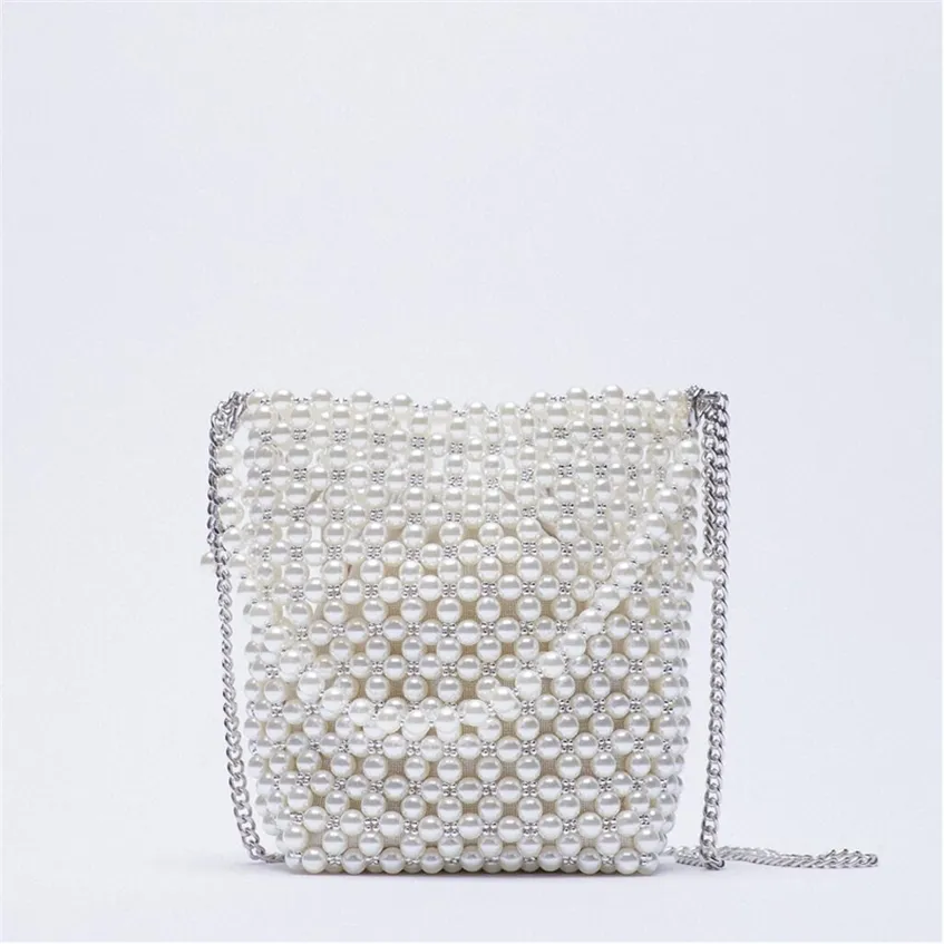 ZA Pearl Beaded Bag White Fairy Portable Messenger s mit Kette Damen Geldbörsen und Handtaschen Cross Body Woman 220224