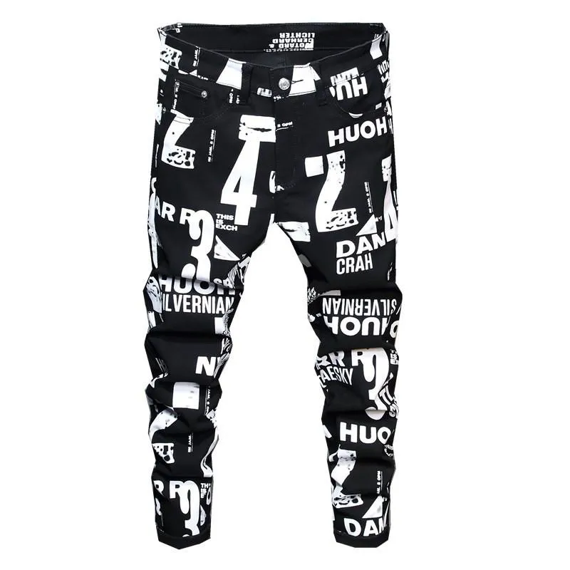 Heren jeans Europese en Amerikaanse digitale printing heren brief graffiti geschilderde skinny broek hiphop casual stretch denim broek