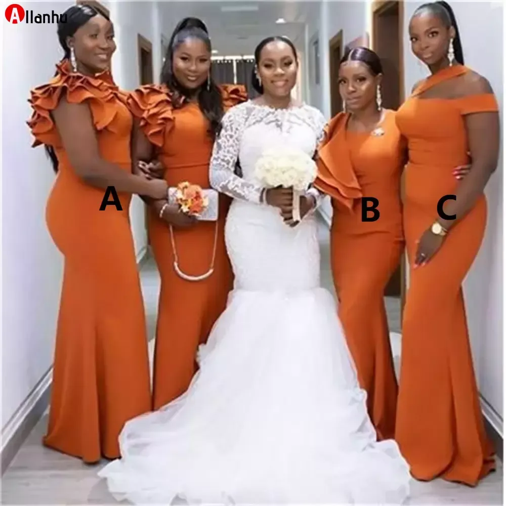 NOUVEAU! Robes de demoiselle d'honneur pas cher sirène Orange brûlé longue robe de demoiselle d'honneur fille noire volants robes de soirée de mariage en Satin élastique