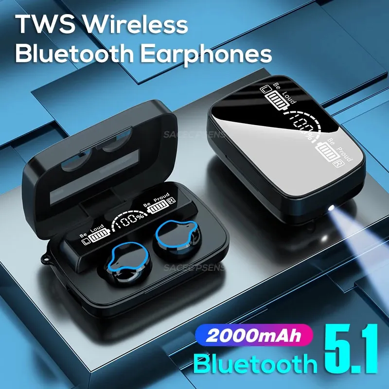 M9 Trådlös hörlurar BT 5.0 TWS MINI Bluetooth hörlurar Hörlurar BUETOOTH EARPROBUDS Buller Avbryt LED-skärm med laddningslåda