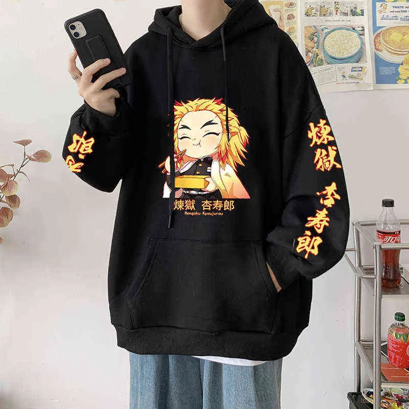 Hot demon slayer anime harajuku hoodies män kvinnor rengoku kyoujurou grafisk hoodie pullover kimetsu nej yaiba sudaderas hombre y211122