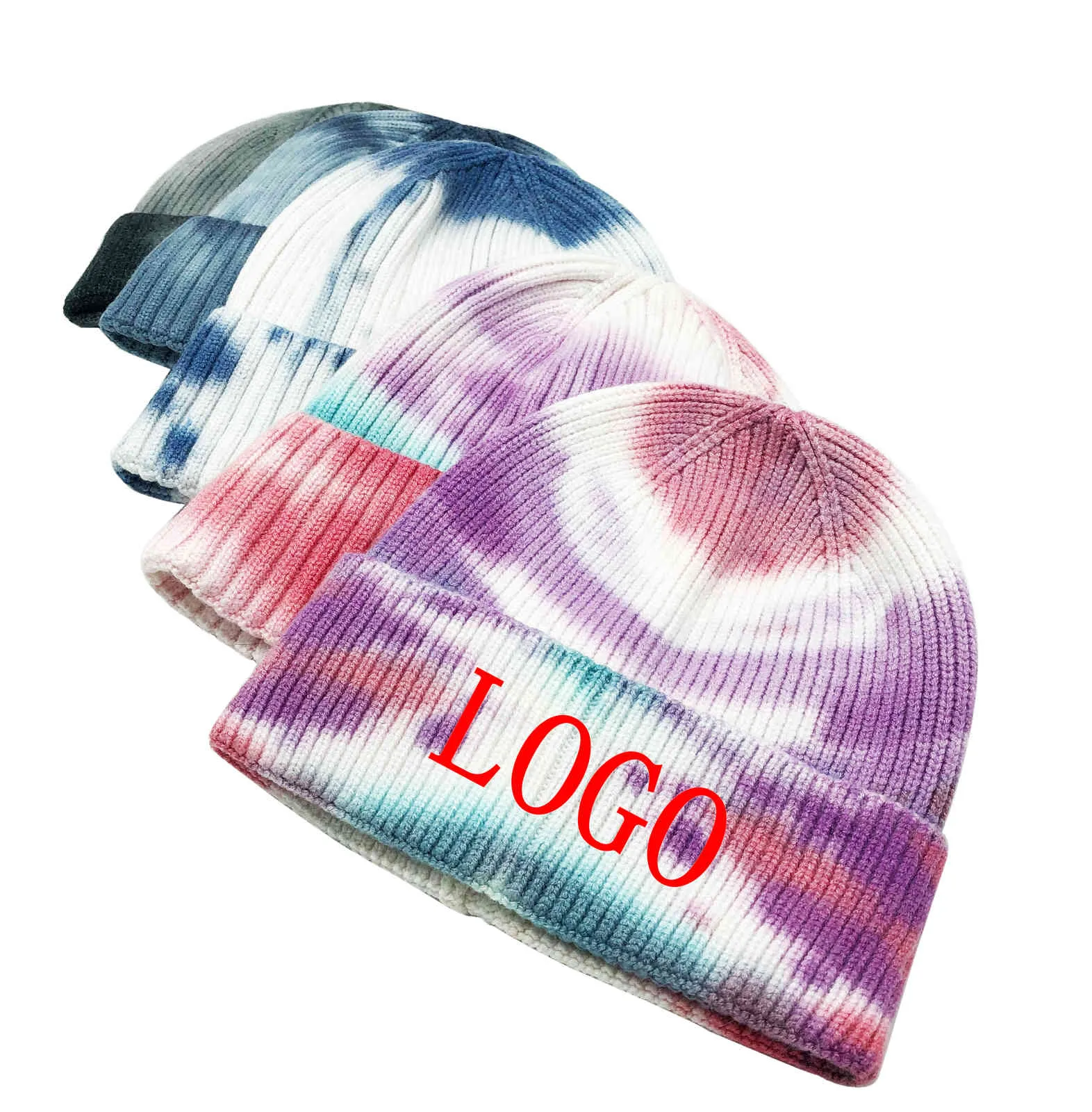 moda personalizzata tie dye Natale berretto lavorato a maglia cappello montato bambini ricamo beanie teschio lavorato a maglia berretti tinti a maglia cappello toque