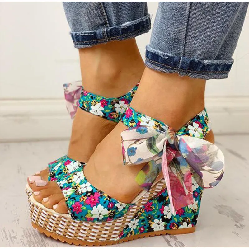 KAMUCC Summer Beach Boho Floral Wedge Sandals Women Ankle Strap Platform  Shoes Woman High Heels Sandalias Mujer 210226271514235