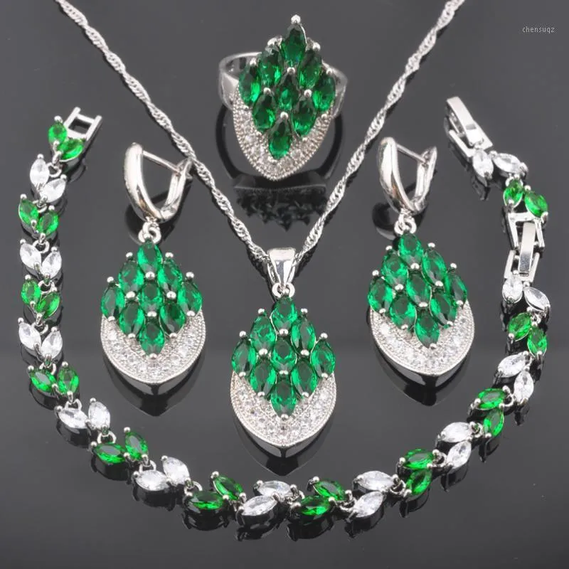 Brincos colar de luxo pedra verde zircon cor prateada para mulheres presente de aniversário casamento conjuntos de jóias QS0589