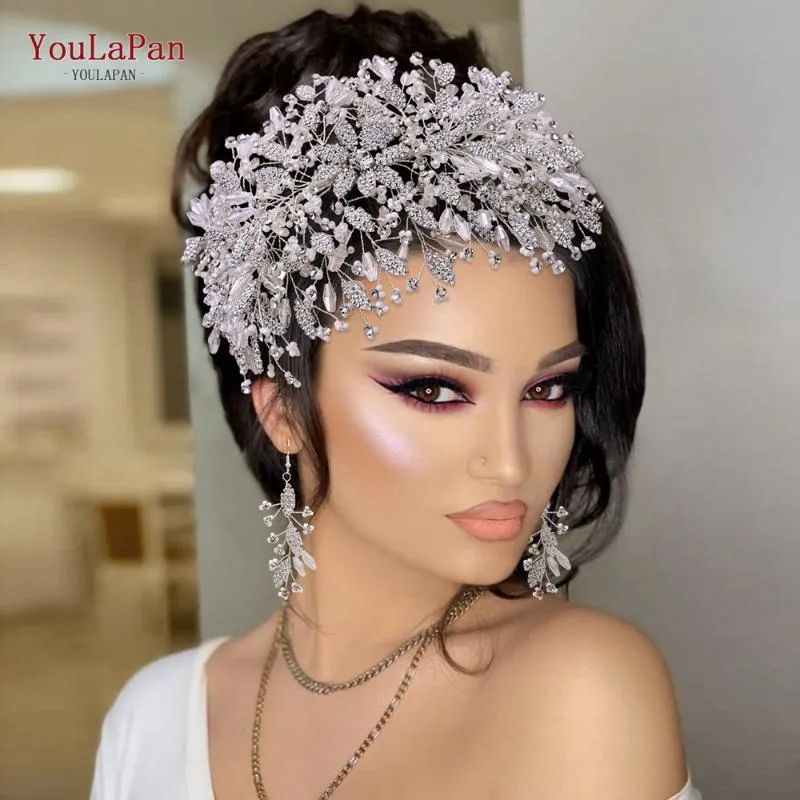 Copricapo Youlapan HP377 Trendy Ley Lega Rhinestone Sposa Paesaggio con orecchini Set Perline Crystal Wedding Hedding Hair Tiara Accessori da sposa