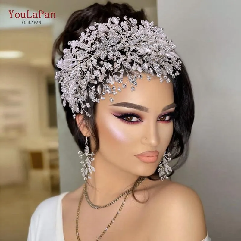 Headpieces youmapan hp377 trendig legering blad rhinestone brud huvudstycke med örhänge set pärlor kristall bröllop hår tiara brud tillbehör