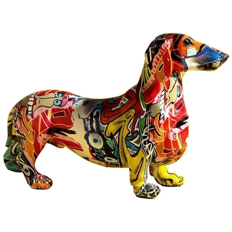 Statua Figurka Rzeźba Home Office Desktop Decor Ozdoby Nordic Nowoczesne Kolorowe Graffiti Styl Malowane Dach Dachshund 211108