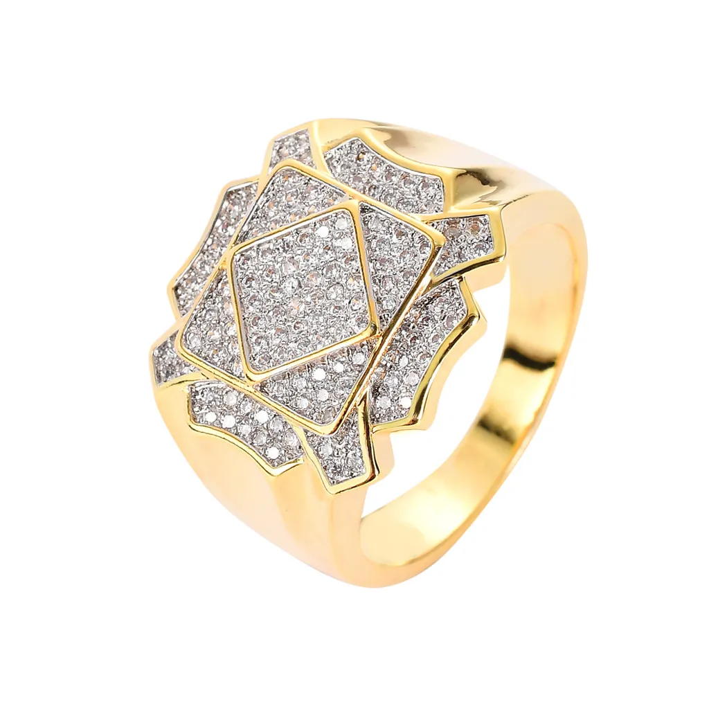 Anéis CZ para Mens Completo Diamante Geométrico Hip Hop Gelado Out Anel Gold Prata Banhado Jóias