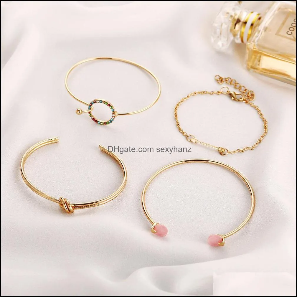 S1200 Hot Fashion Jewelry 4pcs Bracelet Set Vintage Arrow Knot Open Bangle Chain Bracelet