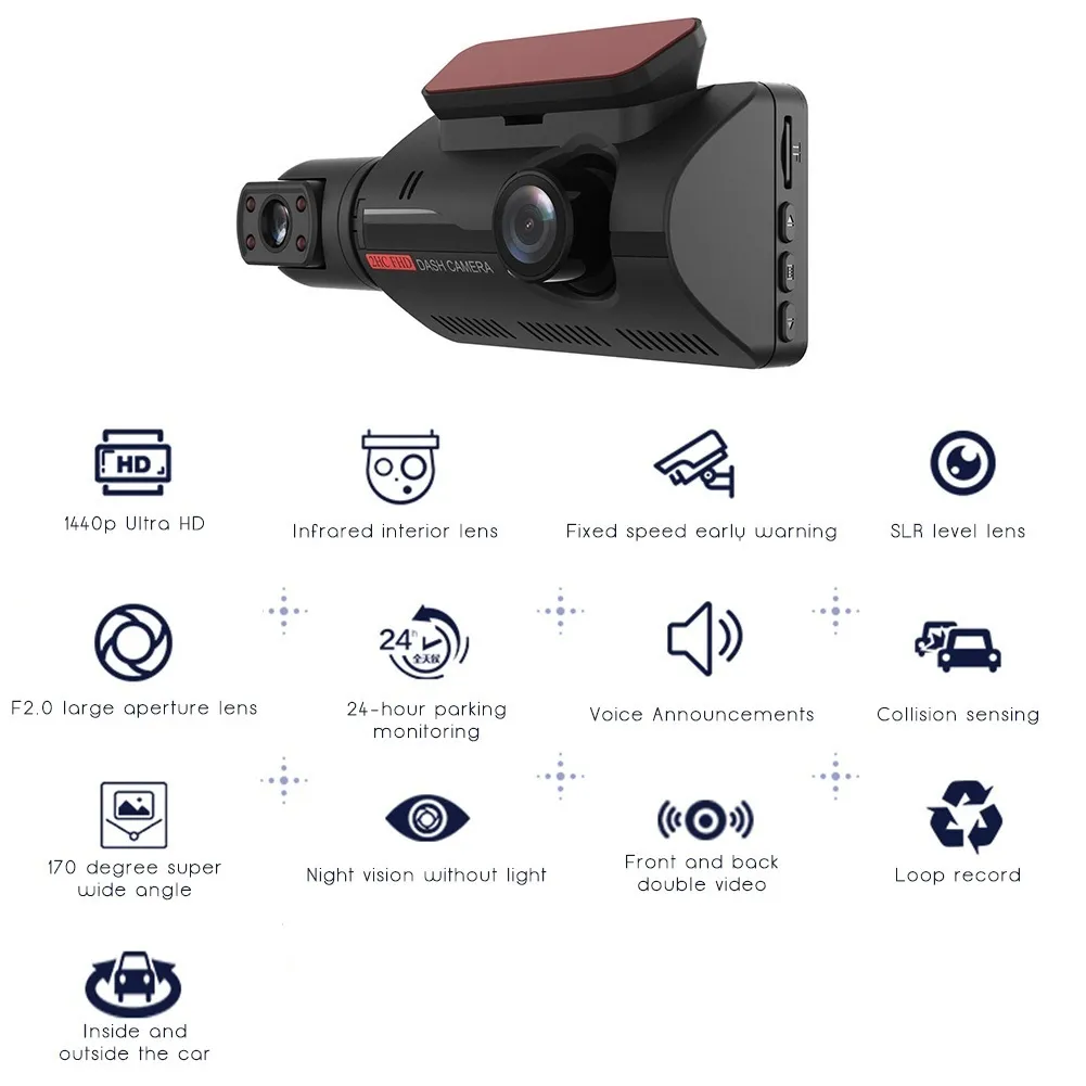 Car DVR 2 Kameror Lens NT96220 Chip FHD 3,0 tums Dash Cam Auto Video Recorder Registrator DVR med infraröd G-sensor