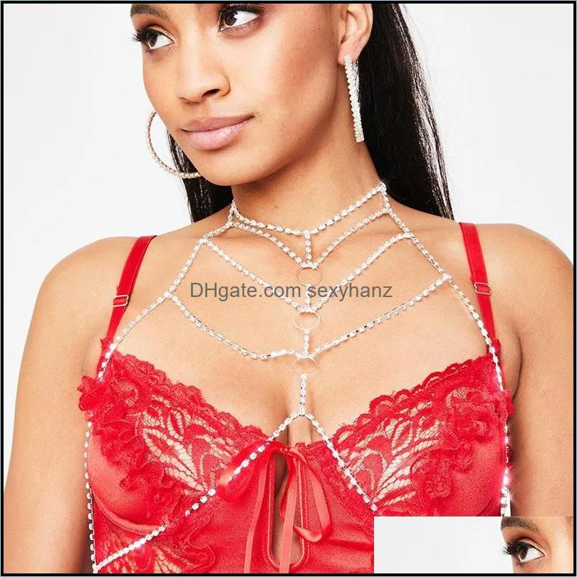 Other StoneFans Charming Shiny Rhinestone Bra Chain Women Round Luxury Crystal Breast Necklace Statement Party Body Jewelry