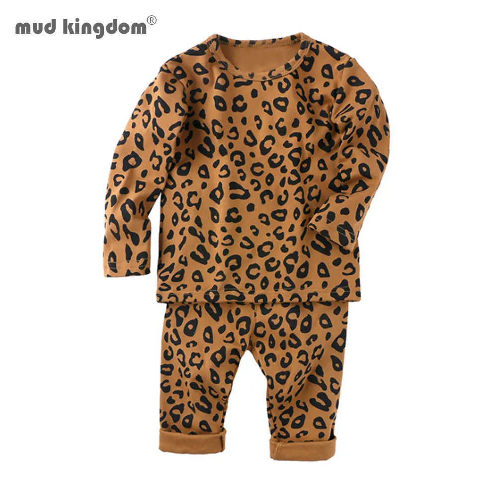 Mudkingdom barn pyjamas höst långärmad sovande kläder uppsättning leopard hög midja pojkar tjejer pajama 210615