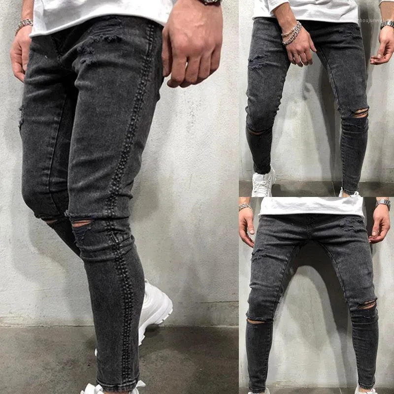 Heren jeans mannen skinny effen kleur knie gat denim was vintage hiphop broek slank vernietigd ontwerp mode mannelijke kleding broek