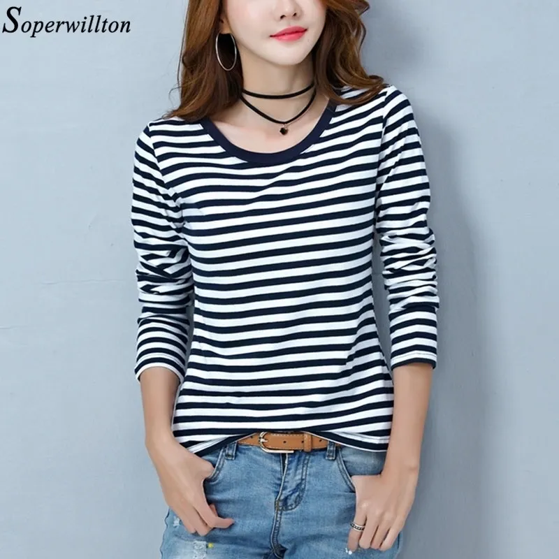 Save Big on Bulk Women's Long Sleeve T Shirt Striped Long Sleeve T Shirt  For Women Black White Cotton Tee, Casual Basic Tops, Plus Size, Spring 