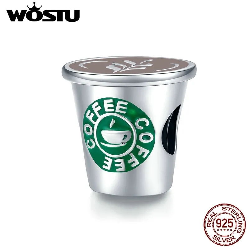 WOSTU 925スターリングコーヒーカップチャームティータイムビーズフィット女性のためのブレスレットバングルシルバー925ジュエリーCQC1545