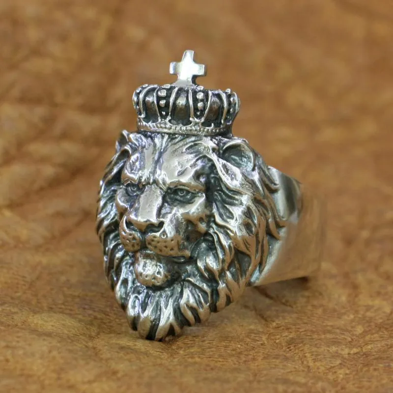 Anelli a grappolo LINSION Anello in argento sterling 925 con re leone da uomo, motociclista, punk, animale, TA190, misura USA 7-15315i