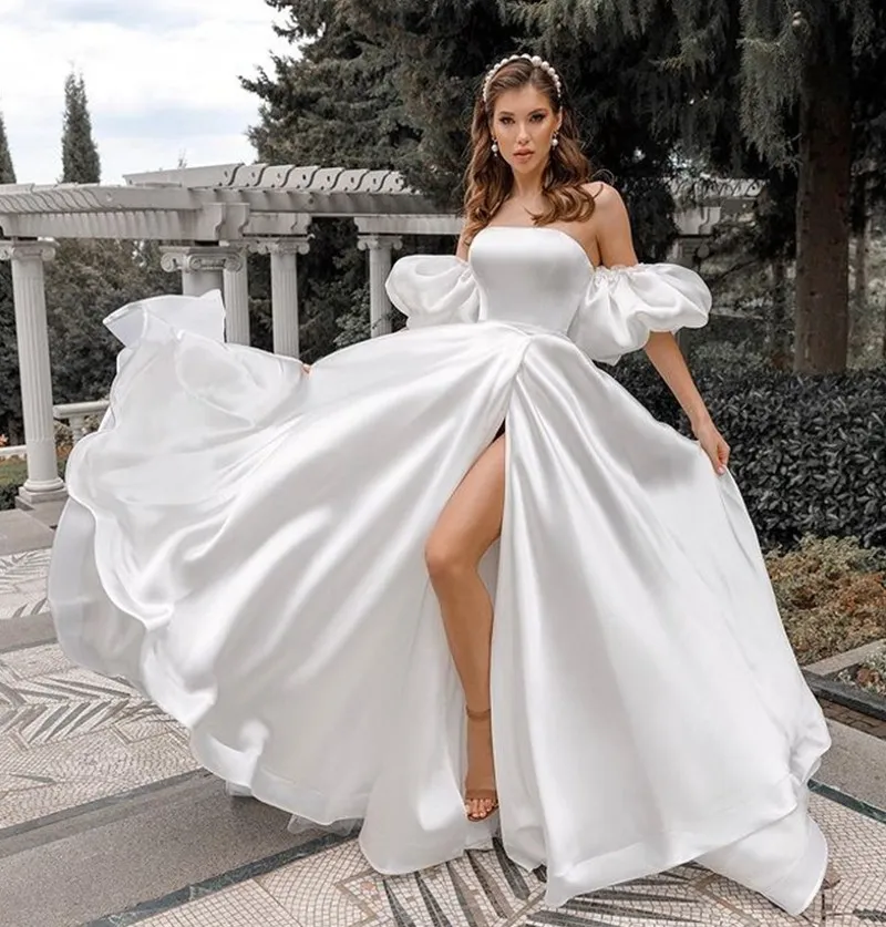 탈착식 퍼프 슬리브 새틴 웨딩 드레스 높은 슬릿 사이드 A 라인 간단한 스타일 신부 가운 Vestido de Novia 2022 Robe de Mariage
