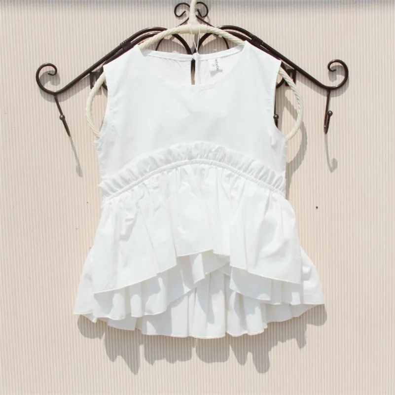 Baby Mädchen Weißes Hemd Baumwolle Solide Ärmellose Blusen für Teenager Schule Mädchen Rüschen Sommer Weiße Bluse Mädchen Kinder Kleidung 210306