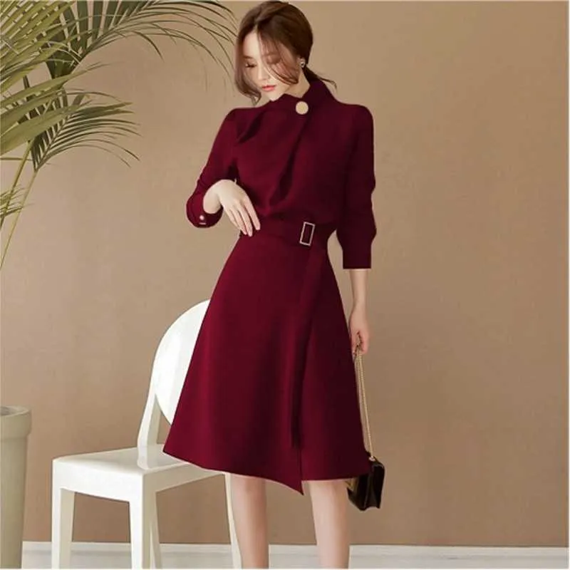 Jesień z długim rękawem Office Lady Korean Fashion Profesjonalna sukienka Biznesowe ubrania z pasem Solidne Vestidos Slim Outfit 210531