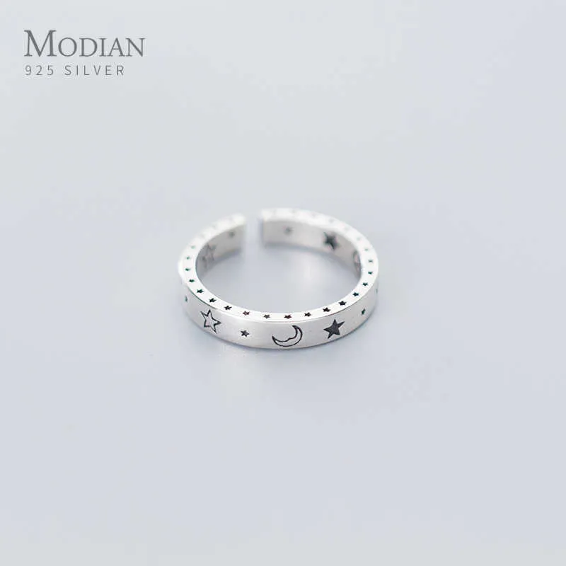 100% 925 Sterling Silver Grawerowanie Fantasy Charm Stars Moon Moda Finger Pierścionki dla kobiet Regulowany Kobiet Fine Jewelry 210707