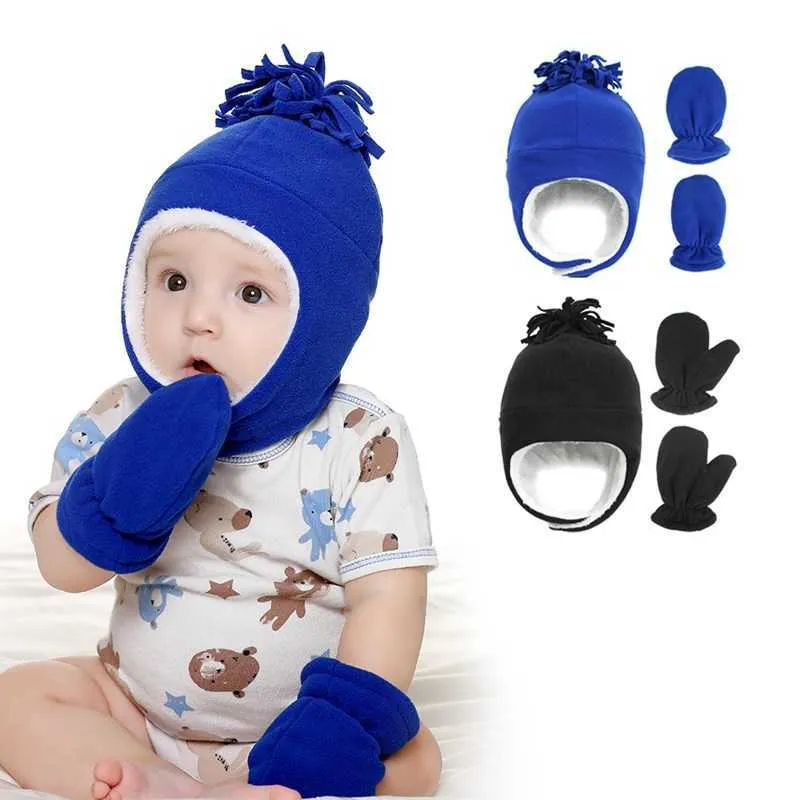 Vinter Kids Hat And Gloves 2 Piece Set Polar Fleece Warm Toddler Baby Boy Girl Bomber Hat Glove 0-8T Barn hattar Kepsar 210713
