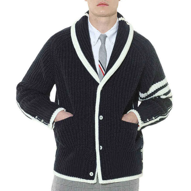 インテル株式会社 Tb Thomファッションブランドセーター男性スリムなターンダウンカラーカーディガン服縞模様のウールコットン厚いカジュアルコートハイ片 安心直販 Vacuslim48 Com