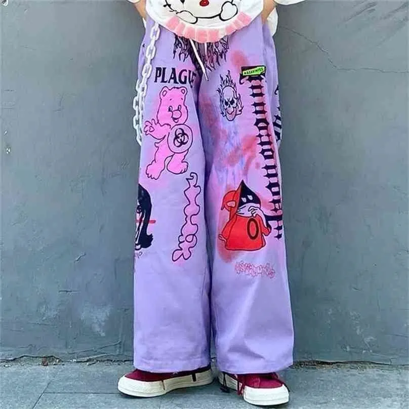 Bayan Geniş Bacak Pantolon Yaz Tarzı Karikatür Baskı Düz ​​Pantolon Kişilik Graffiti Sokak Giyim Gevşek 210915