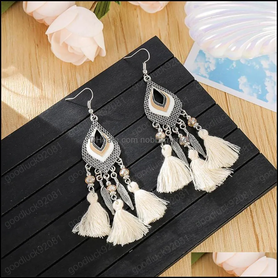 Retro hollow water drop crystal tassel rice beads long earrings female European and American ethnic style earrings bohemian jewelry