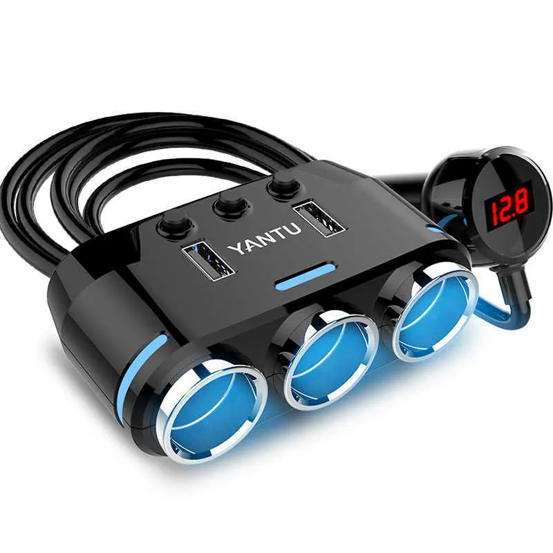 Yantu 12V-24V bil cigarettändare socket splitter plugg LED USB laddare adapter 1A + 2.1A 100W spänningsdetektering för telefon MP3 DV