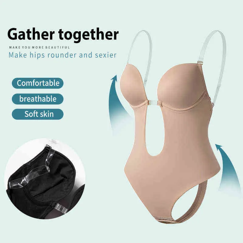 Full Body Shapewear Deep V-Neck Body Shaper Backless U Plunge Thong  Underwear Women Clear Strap Padded Push Up Corset Invisible