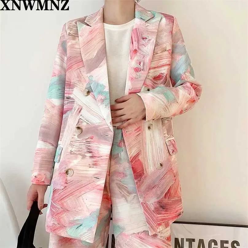 Xnwmnz za vrouwen gedrukt gemengde kleur dubbele breasted blazer revers lange mouw losse jas mode lente herfst 211006