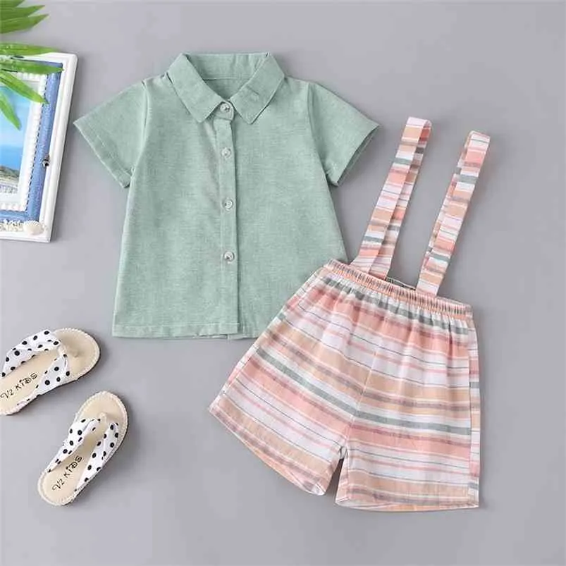 夏の子供たちはカジュアルな半袖シングルブレストグリーンソリッドTシャツ縞模様のロンパース2ピースの女の子男の子服セット210629