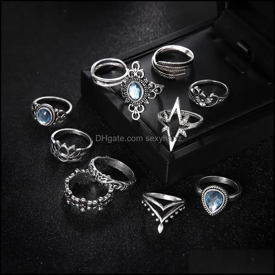 Womens Retro Diamond Rings Carved Starry Stones Gemstone Cluster Rings 11 piece set ring